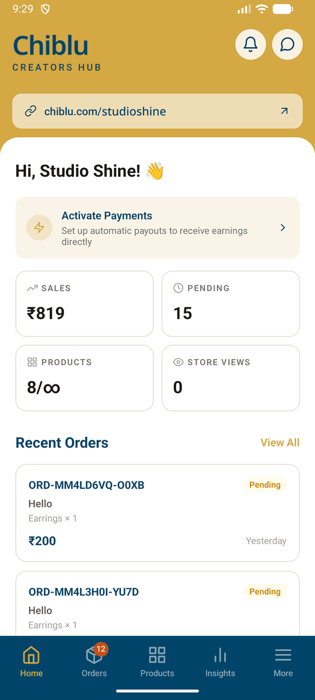 Chiblu Seller App — Dashboard