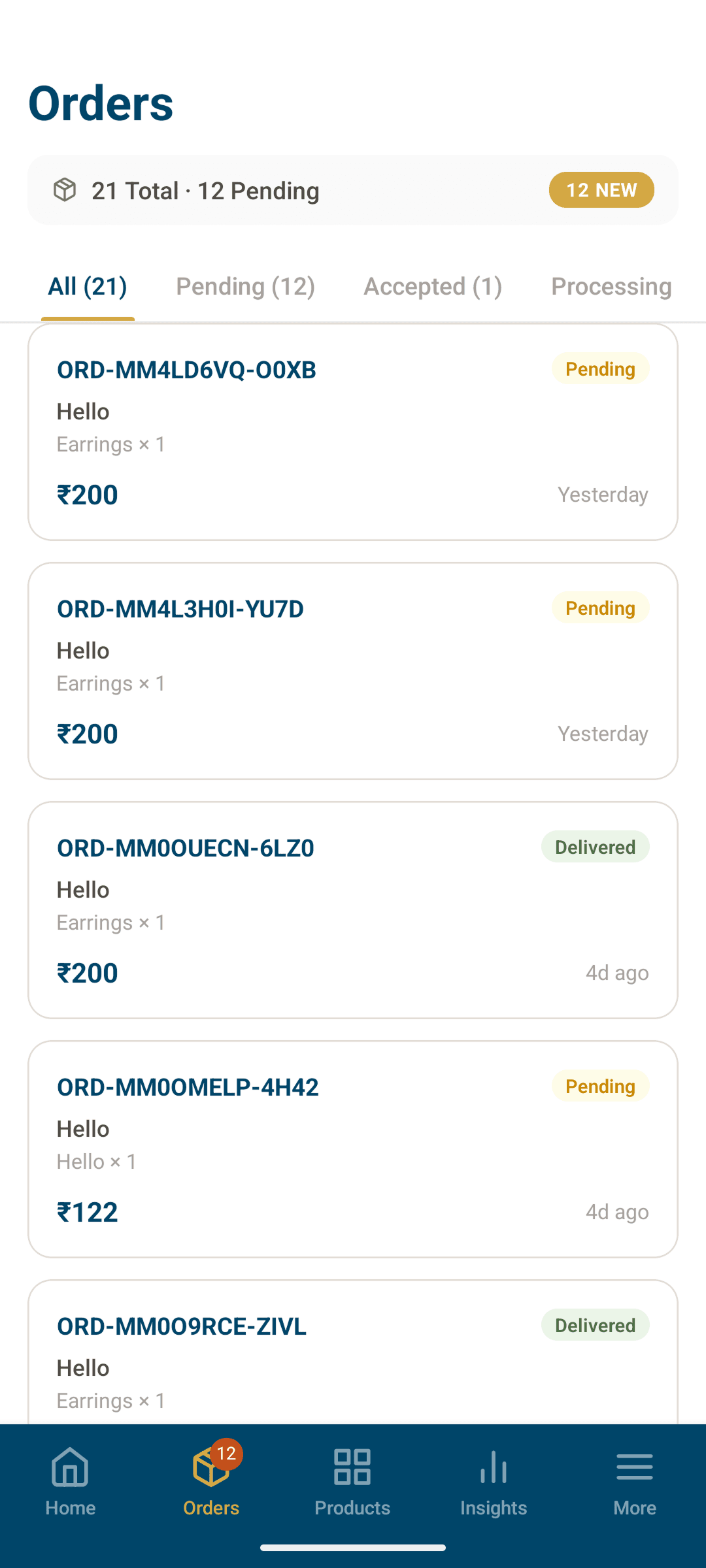 Chiblu Seller App Orders screen