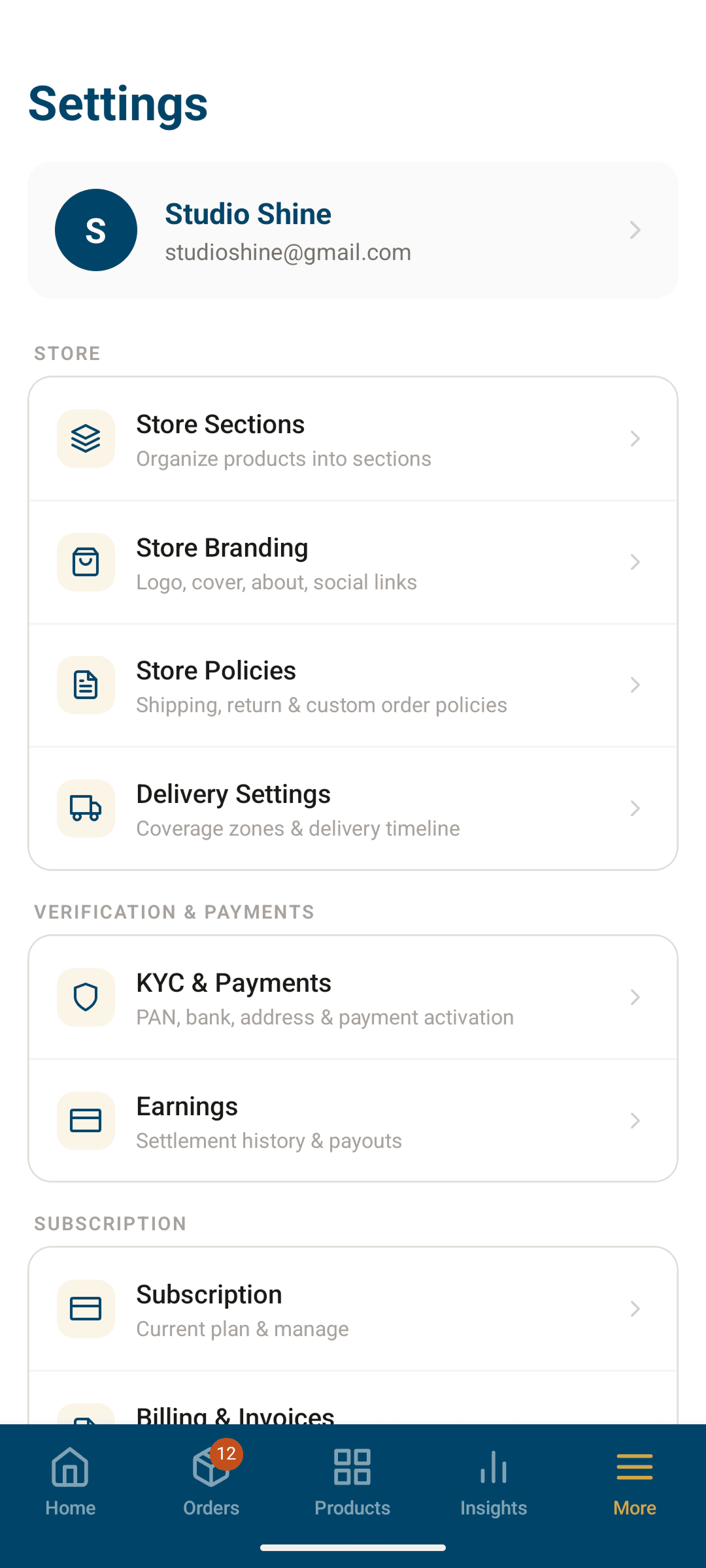Chiblu Seller App Settings screen