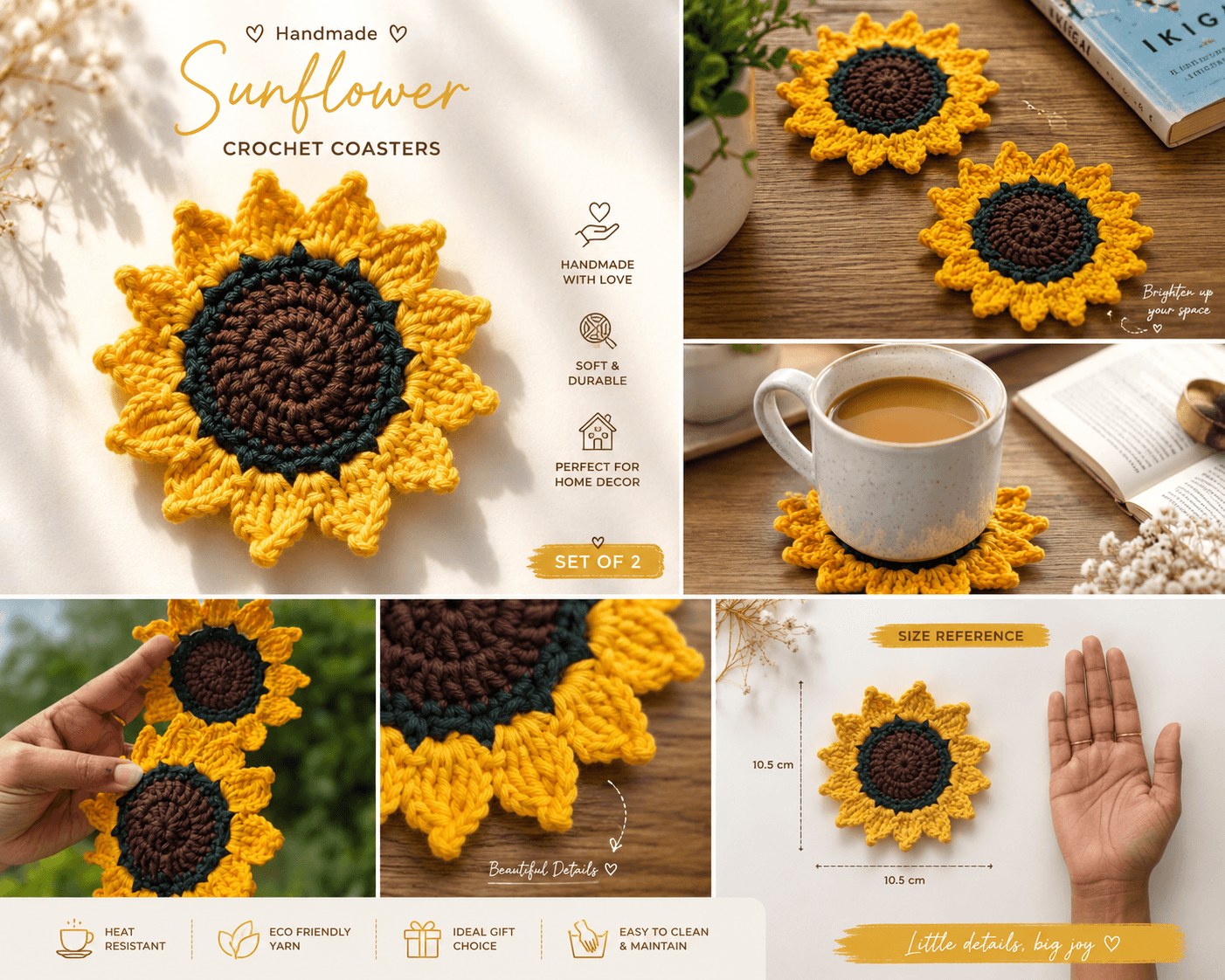 Handmade Crochet Sunflower Coaster Set of 2 | Cotton Drink Coasters | Table Décor